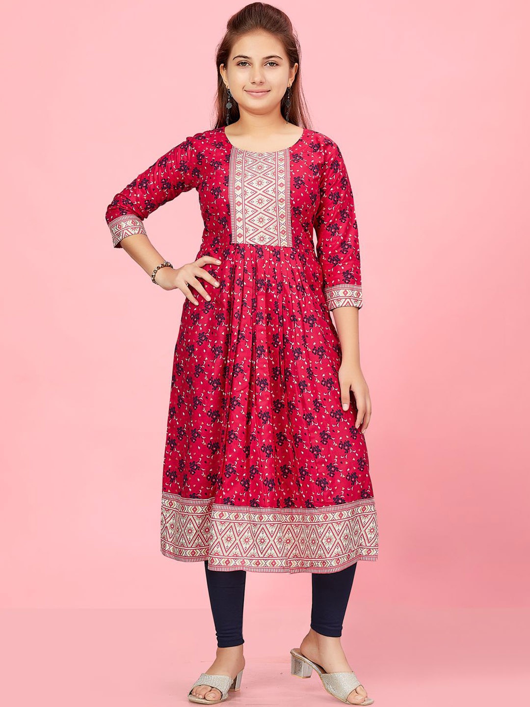 

BAESD Girls Floral Printed Cotton Anarkali Kurta, Pink