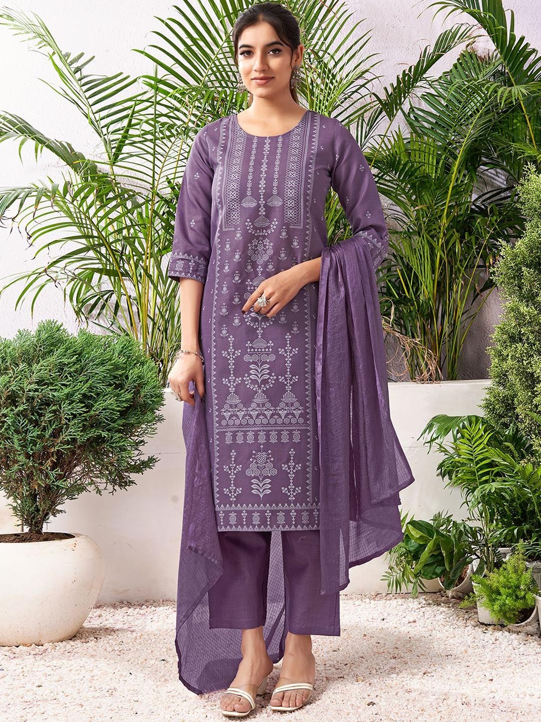 

KALINI Floral Printed Round Neck Straight Kurta With Trousers & Dupatta, Purple