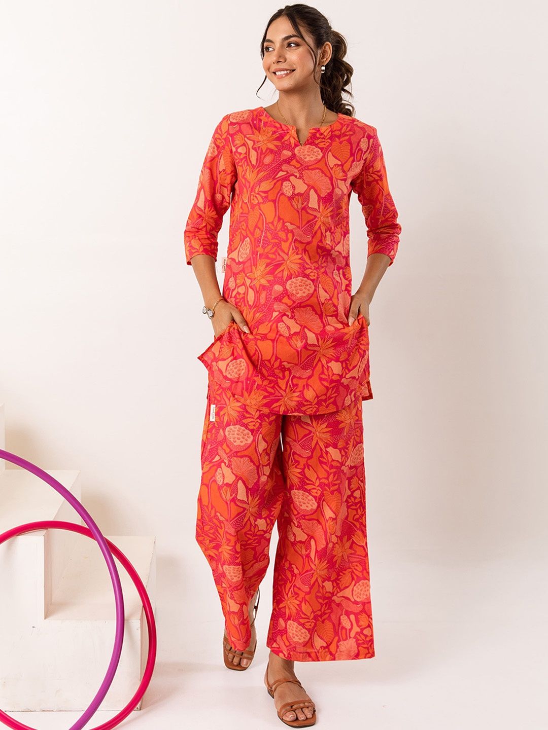 

HUKUM Floral Printed Pure Cotton Tunic With Palazzos, Orange