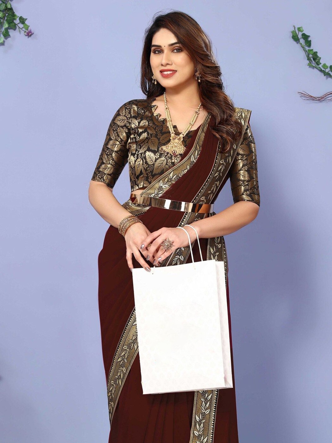 

ANJAVI FASHION Soft Zari Saree, Brown
