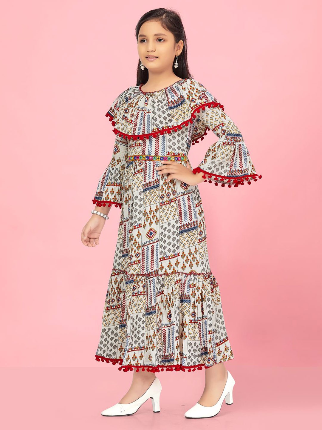 

BAESD Girls Ethnic Motifs Printed Bell Sleeve A-Line Maxi Ethnic Dress, Brown