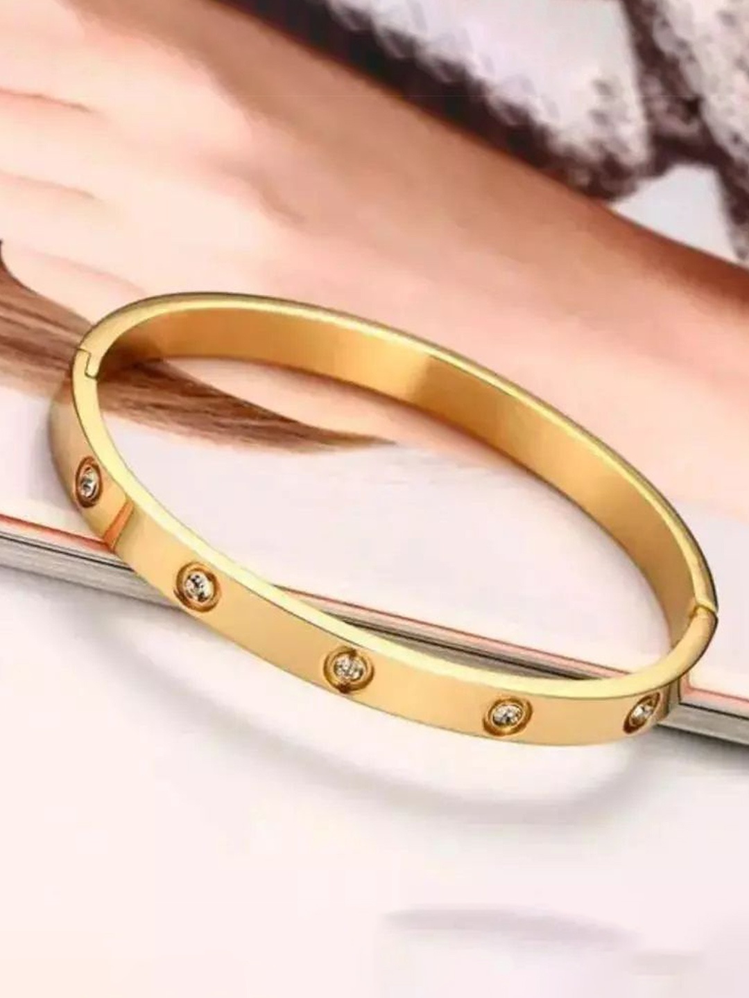

MEENAZ Men American Diamond Gold Plated Stainless Steel Kada Bracelet