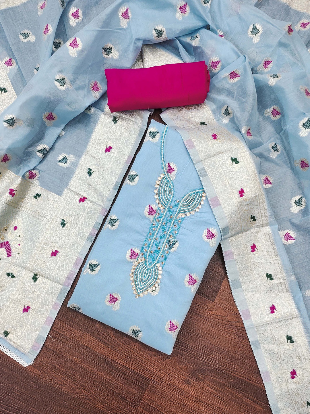 

KALINI Floral Woven Design Beads and Stones Unstitched Dress Material, Blue