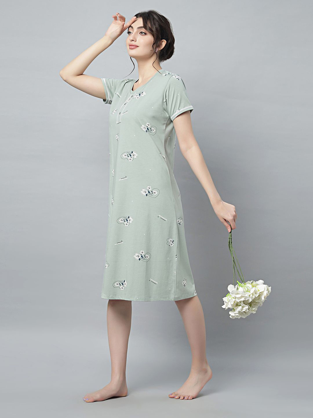 

QUIRA Printed Pure Cotton Nightdress, Green
