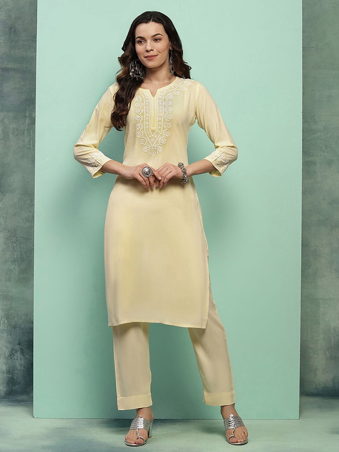 

House of Chikankari Chikankari Woven Kurta Set, Cream