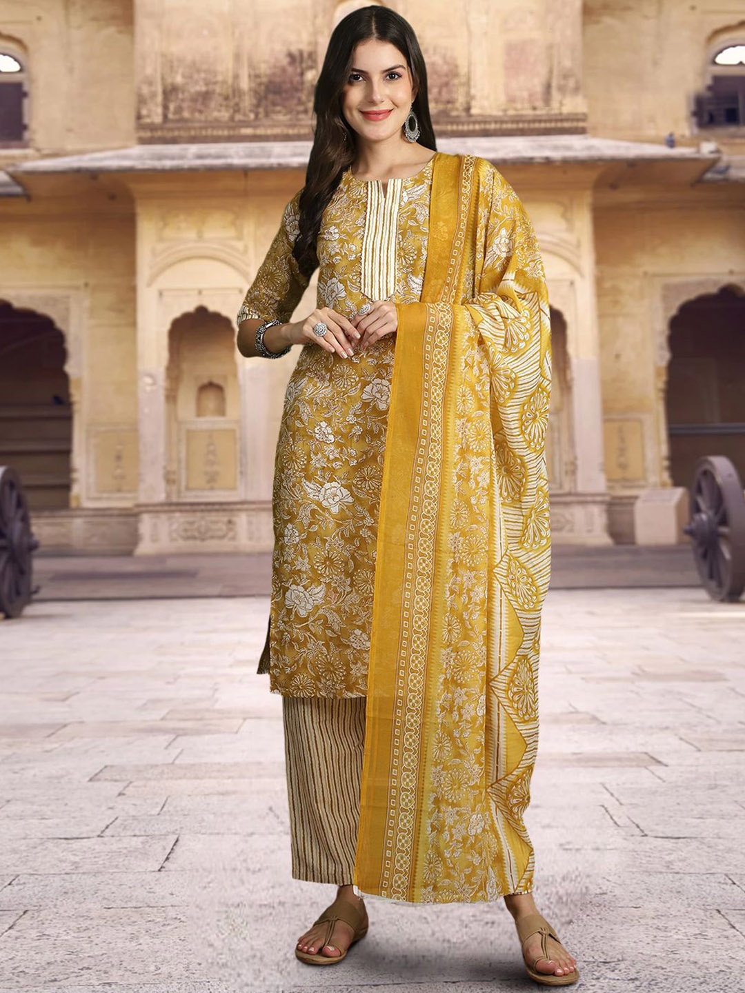 

1 Stop Fashion Floral Printed Pure Cotton Straight Kurta with Trousers & Dupatta, Mustard