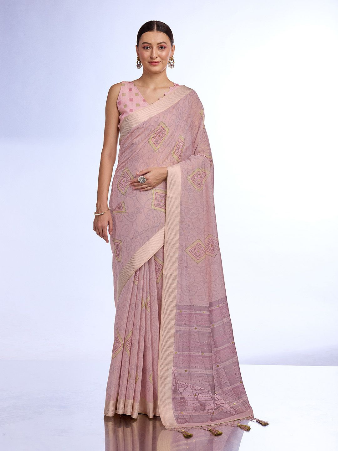 

Ishin Bandhani Zari Organza Saree, Camel brown