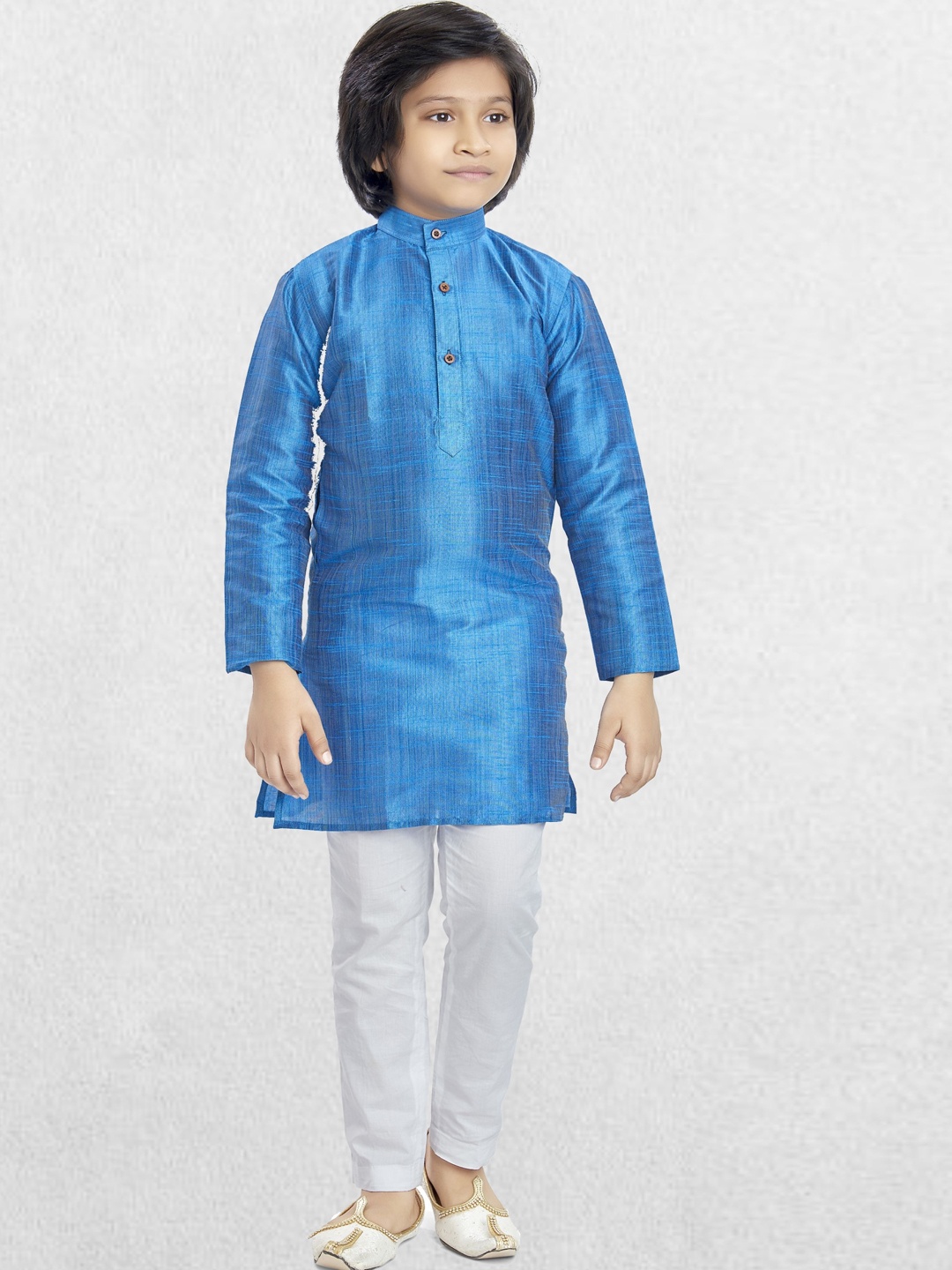 

SHIWAM ETHNIX Boys Band Collar Long Sleeves Cotton Silk Straight Kurta With Pyjamas, Blue