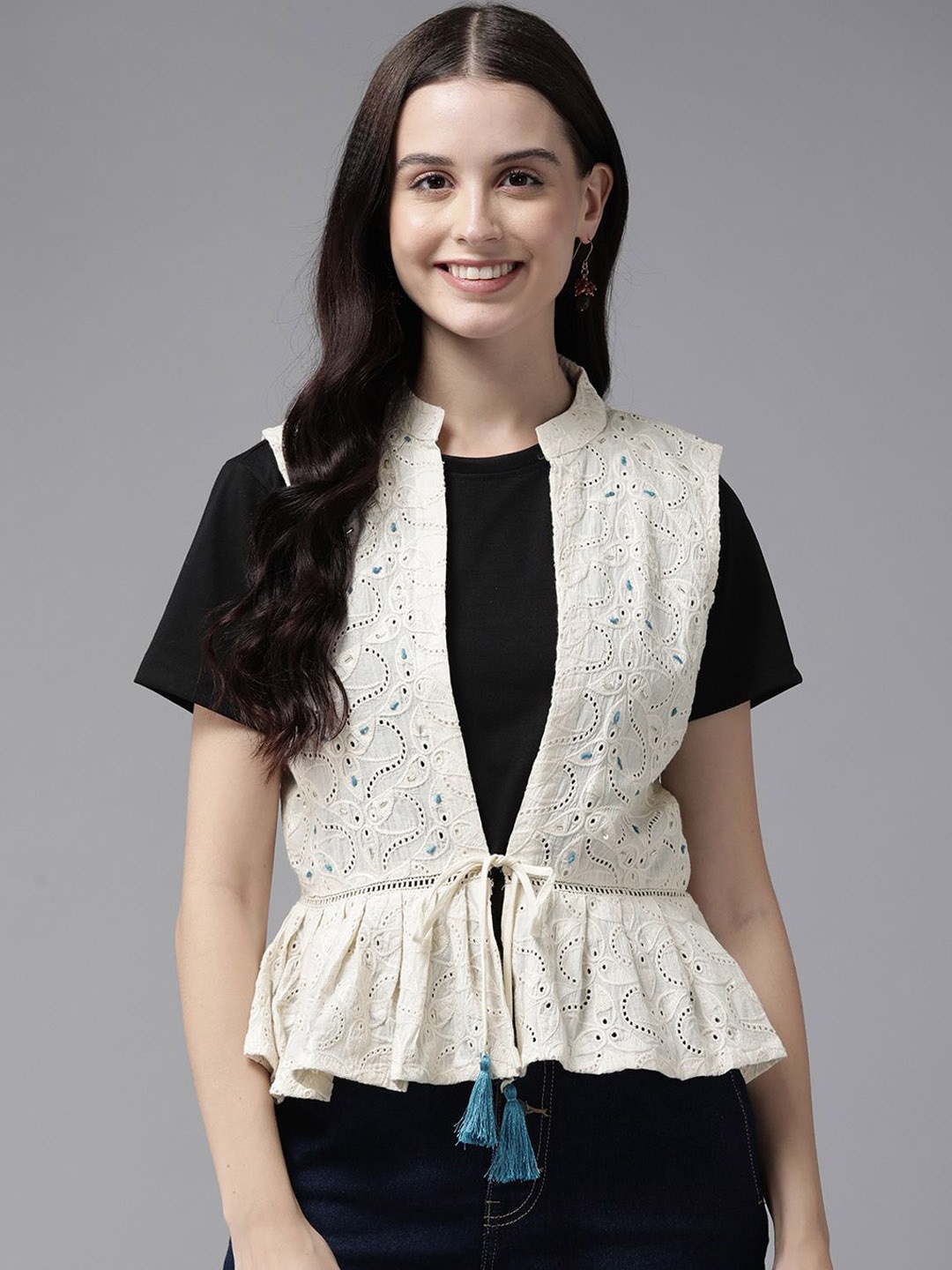 

BAESD Women Floral Cotton Windcheater Crop Tailored Jacket, Cream
