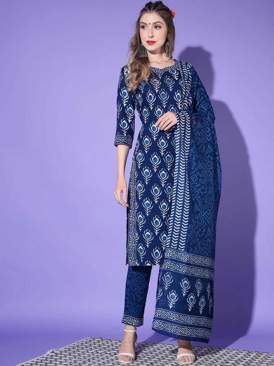 

7Threads Ethnic Motifs Printed Regular Kurta with Trousers & Dupatta, Blue