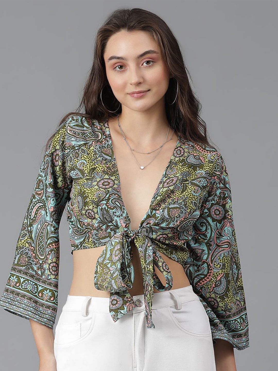 

Kotty Print Flared Sleeve Crop Top, Multi