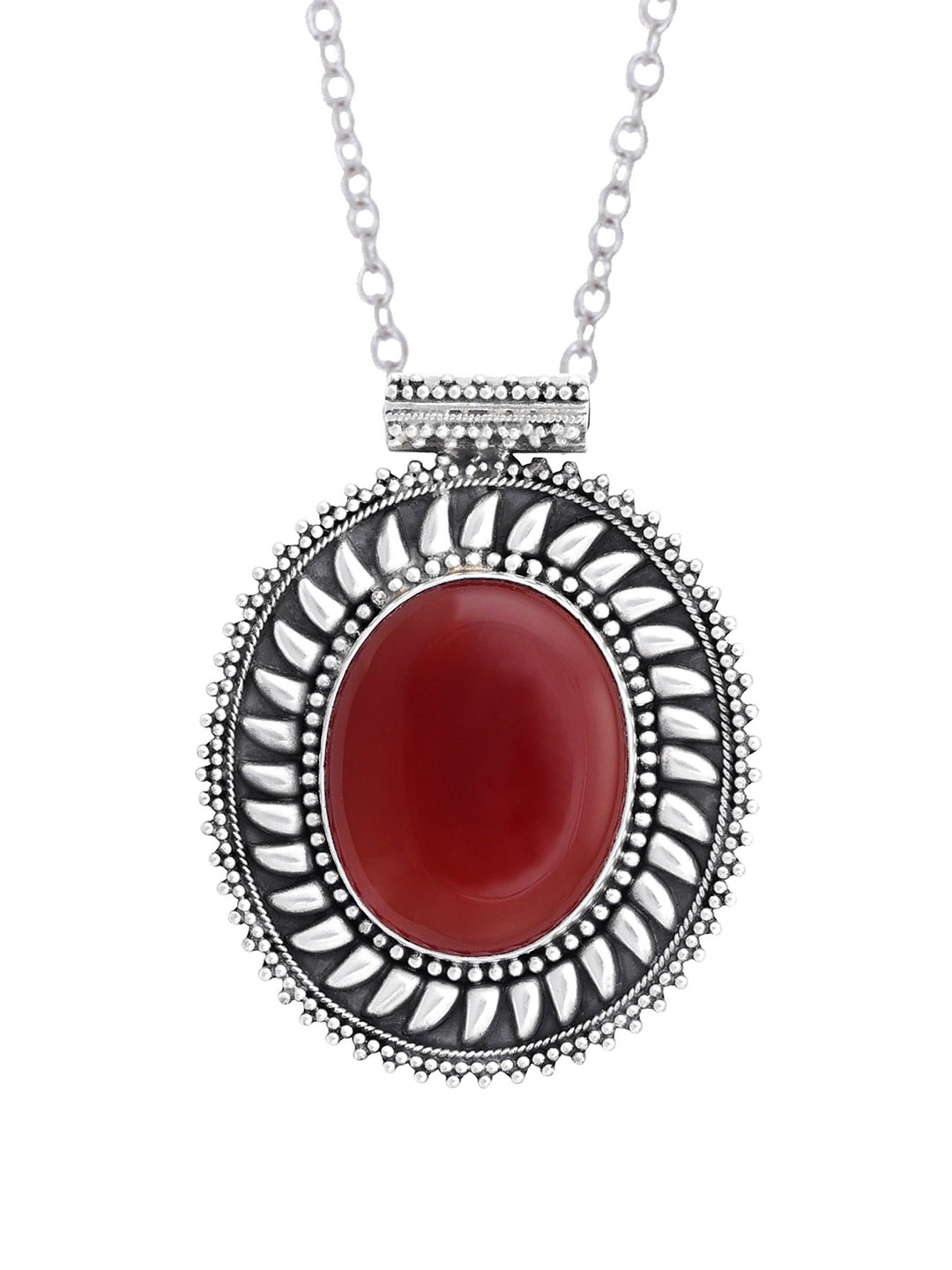 

Exotic India Oval Shaped Carnelian Gemstone Sterling Silver Studded Pendant