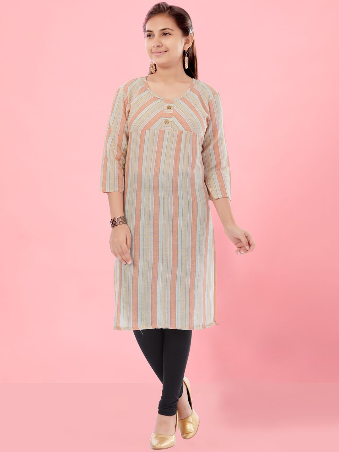 

BAESD Girls Striped Round Neck Cotton Straight Kurta, Peach