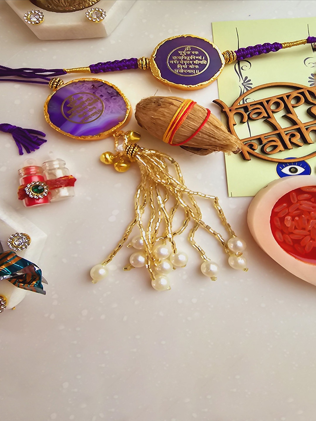 

HOMEARTE Textured Agate Stone Bhaiya Bhabhi Thread Rakhi, Purple