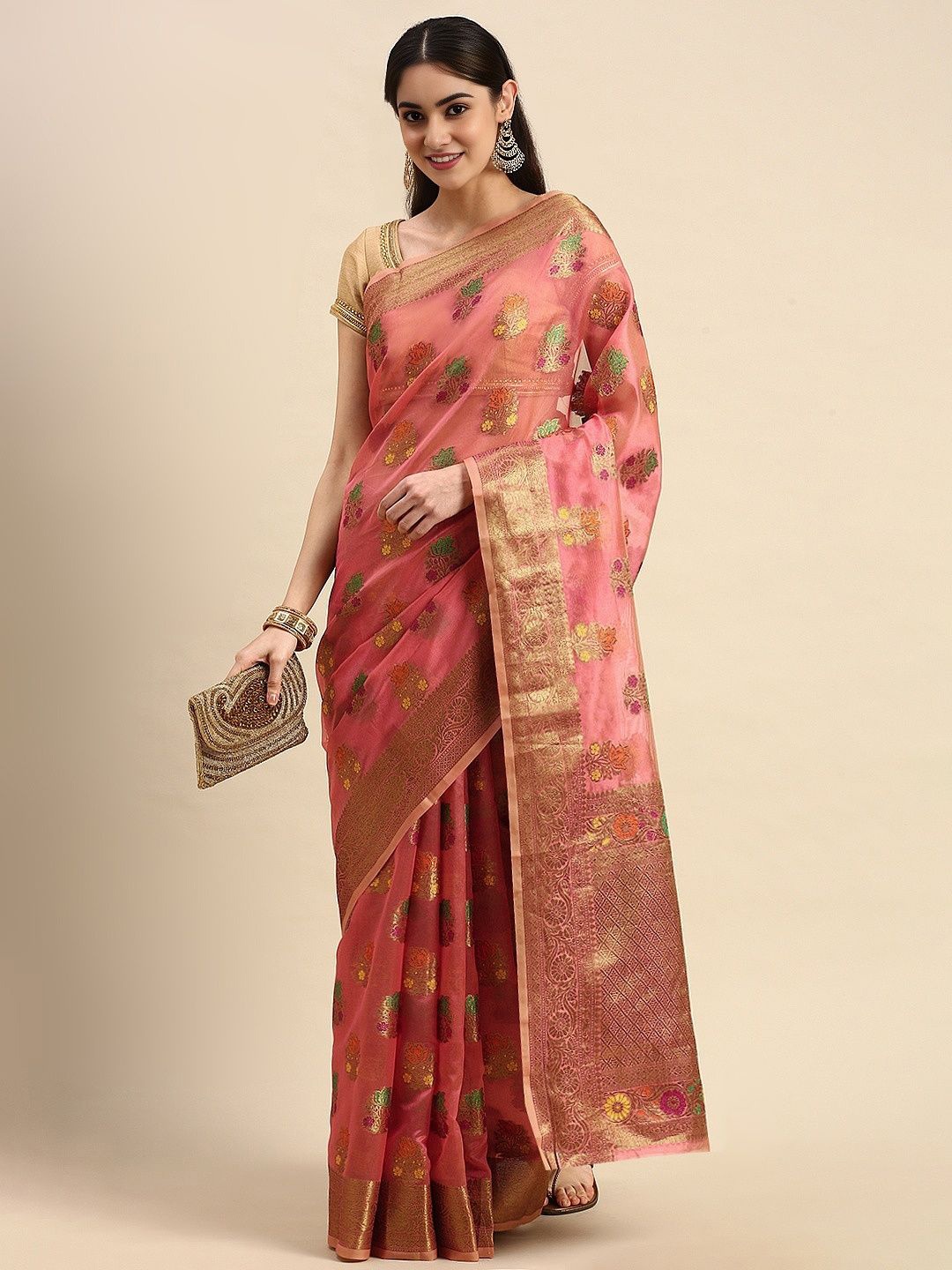 

Mitera Ethnic Motifs Zari Woven Kanjeevaram Saree, Peach