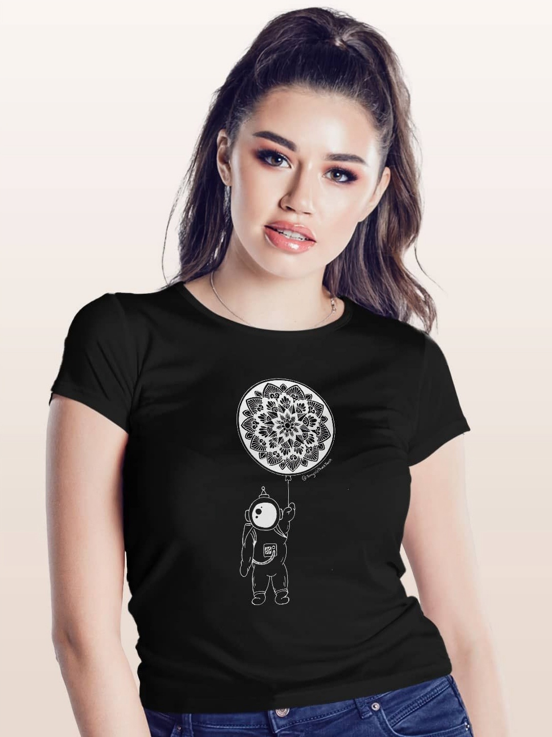 

macmerise Women Printed Applique T-shirt, Black