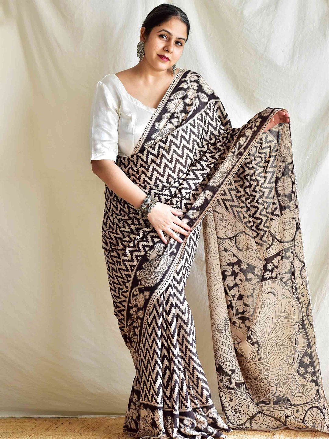 

Sundarii Kalamkari Pure Cotton Saree, Black
