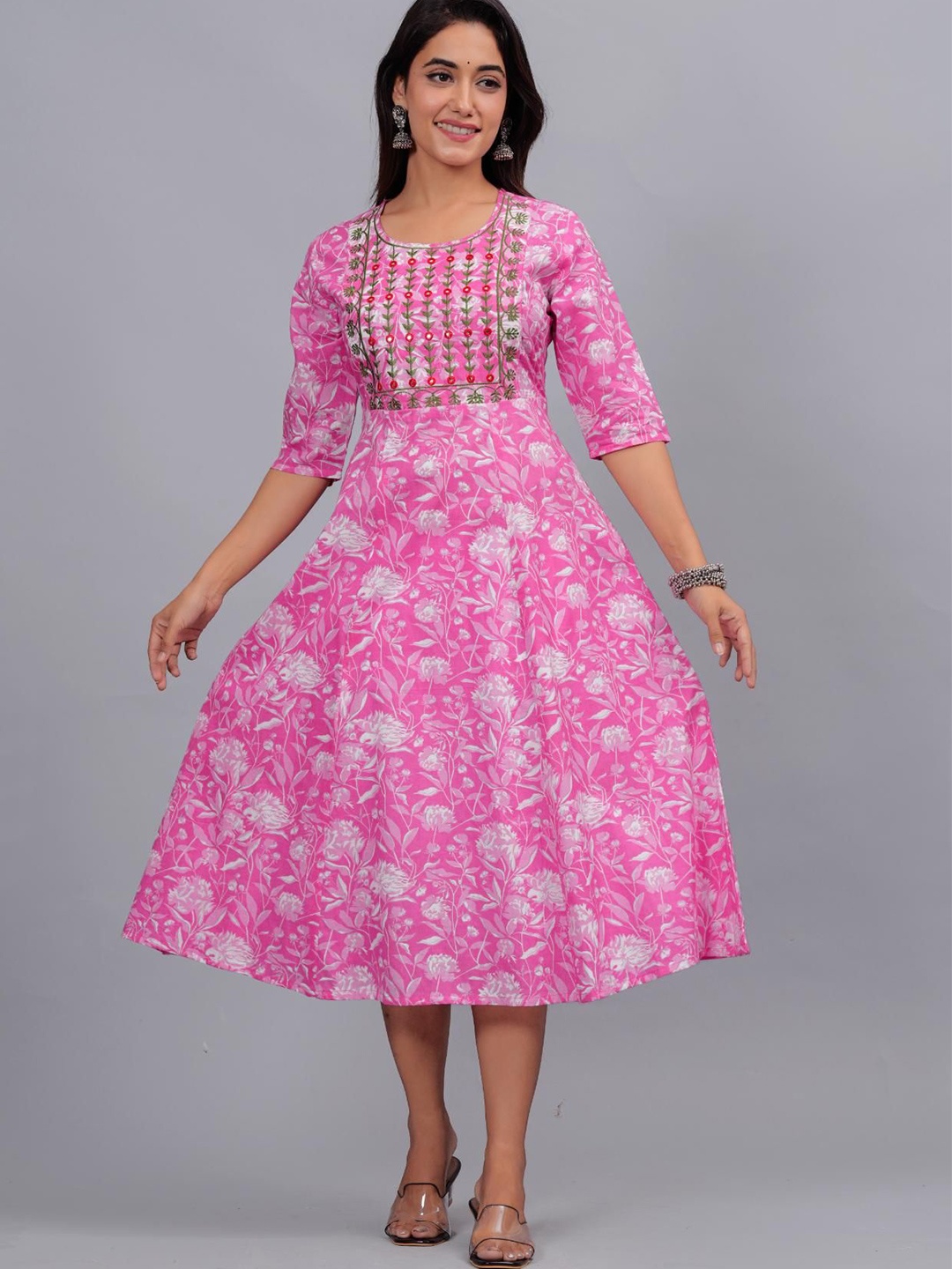

Sanganeri Kurti Ethnic Motif Embroidered A-Line Midi Dress, Pink