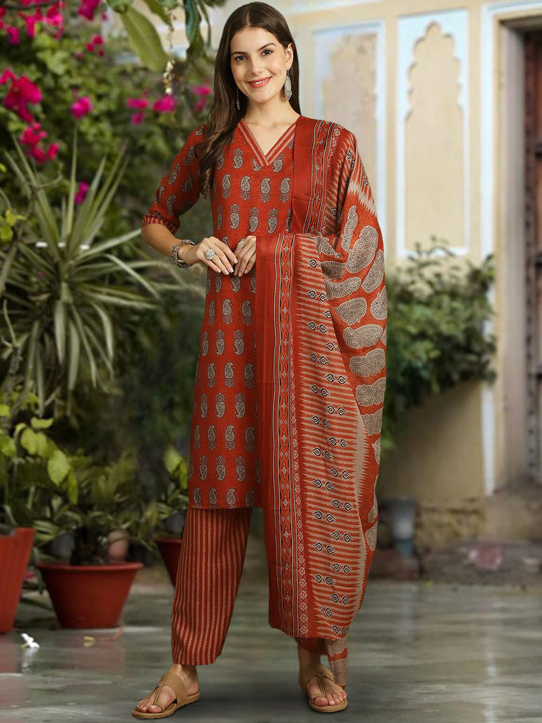 

7Threads Paisley Printed Straight Pure Cotton Kurta with Trousers & Dupatta, Red
