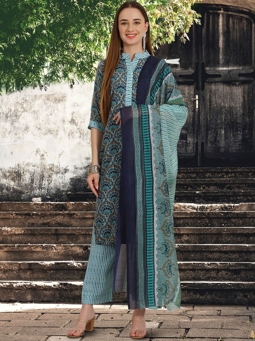 

7Threads Floral Printed Pure Cotton Kurta with Trousers & Dupatta, Teal