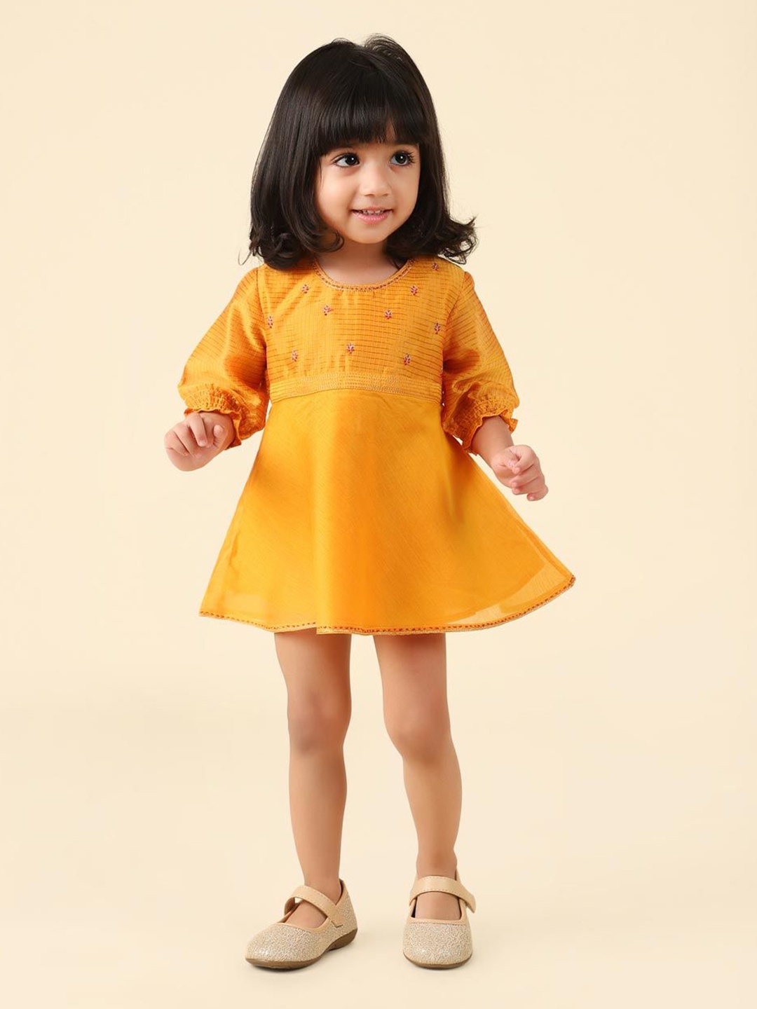 

Fabindia Girls Round Neck Puff Sleeve Fit & Flare Dress, Yellow