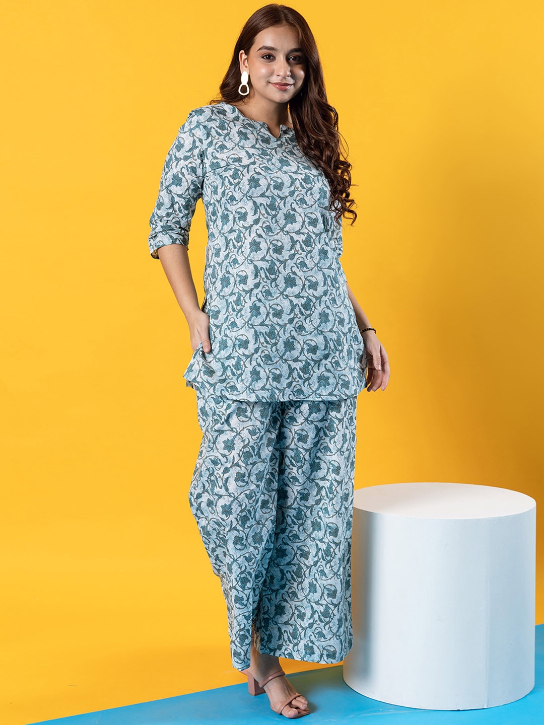 

HUKUM Floral Printed Pure Cotton Tunic With Palazzos, Blue