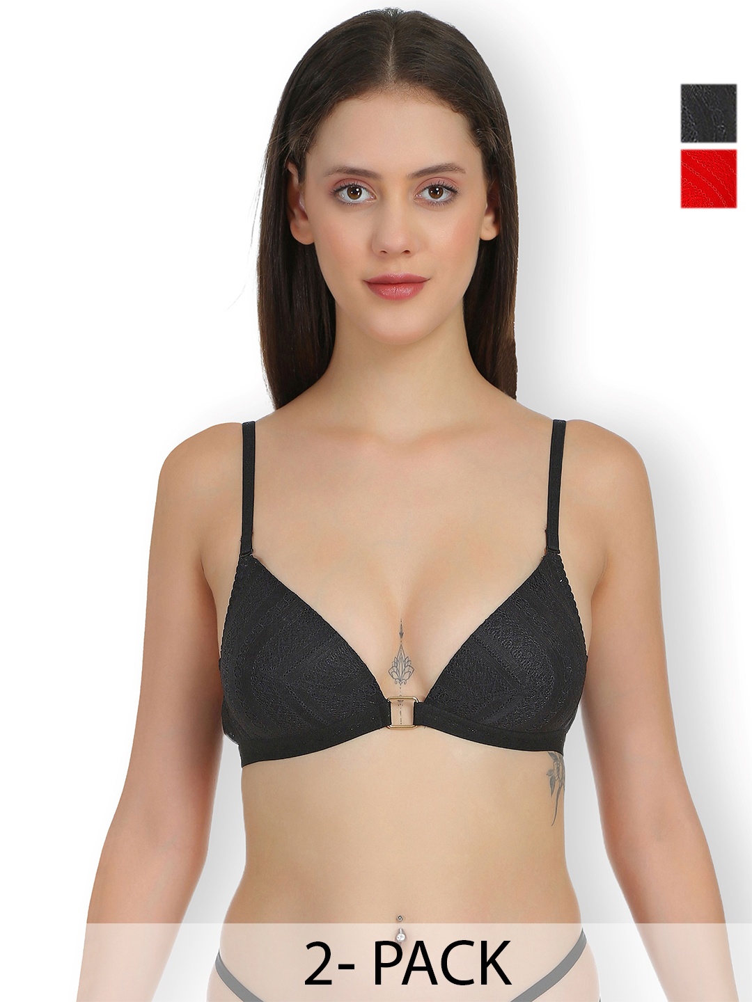 

SELFCARE Women Pack of 2 Half Coverage Lightly Padded Plunge Bra, Red