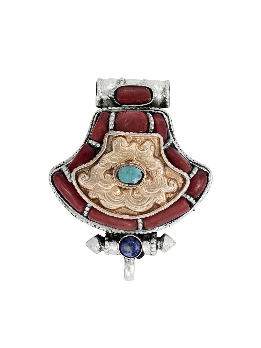 

Exotic India Coral and Turquoise Stone Sterling Silver Gau Pendant