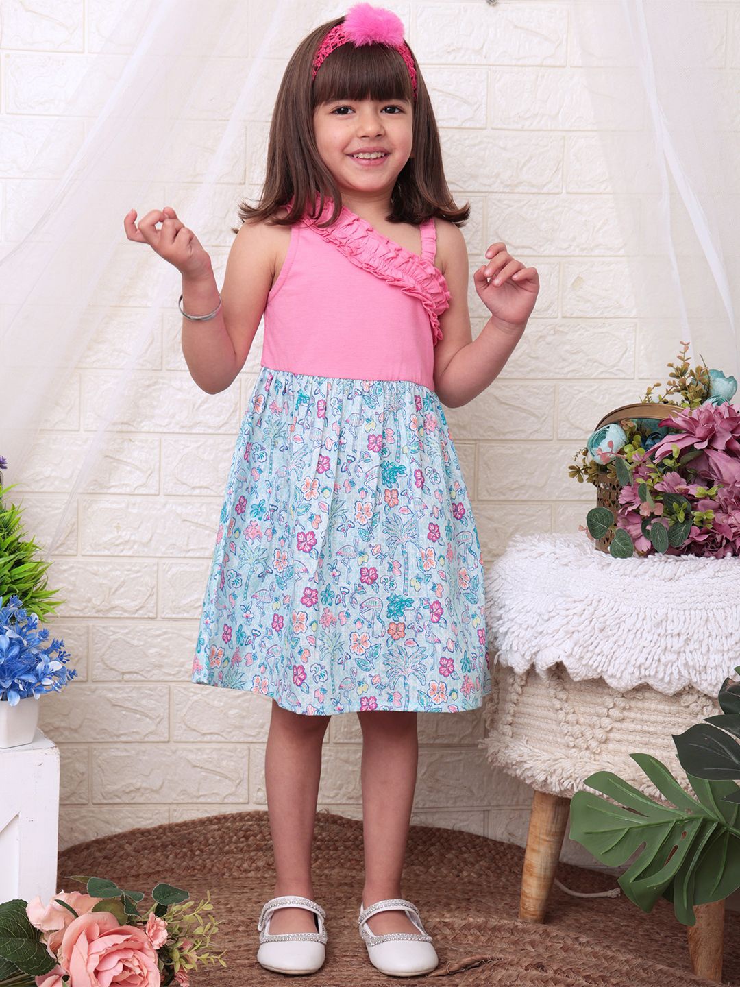 

Nauti Nati Girls Floral Printed Sleeveless Ruffled Cotton Fit & Flare Dress, Pink