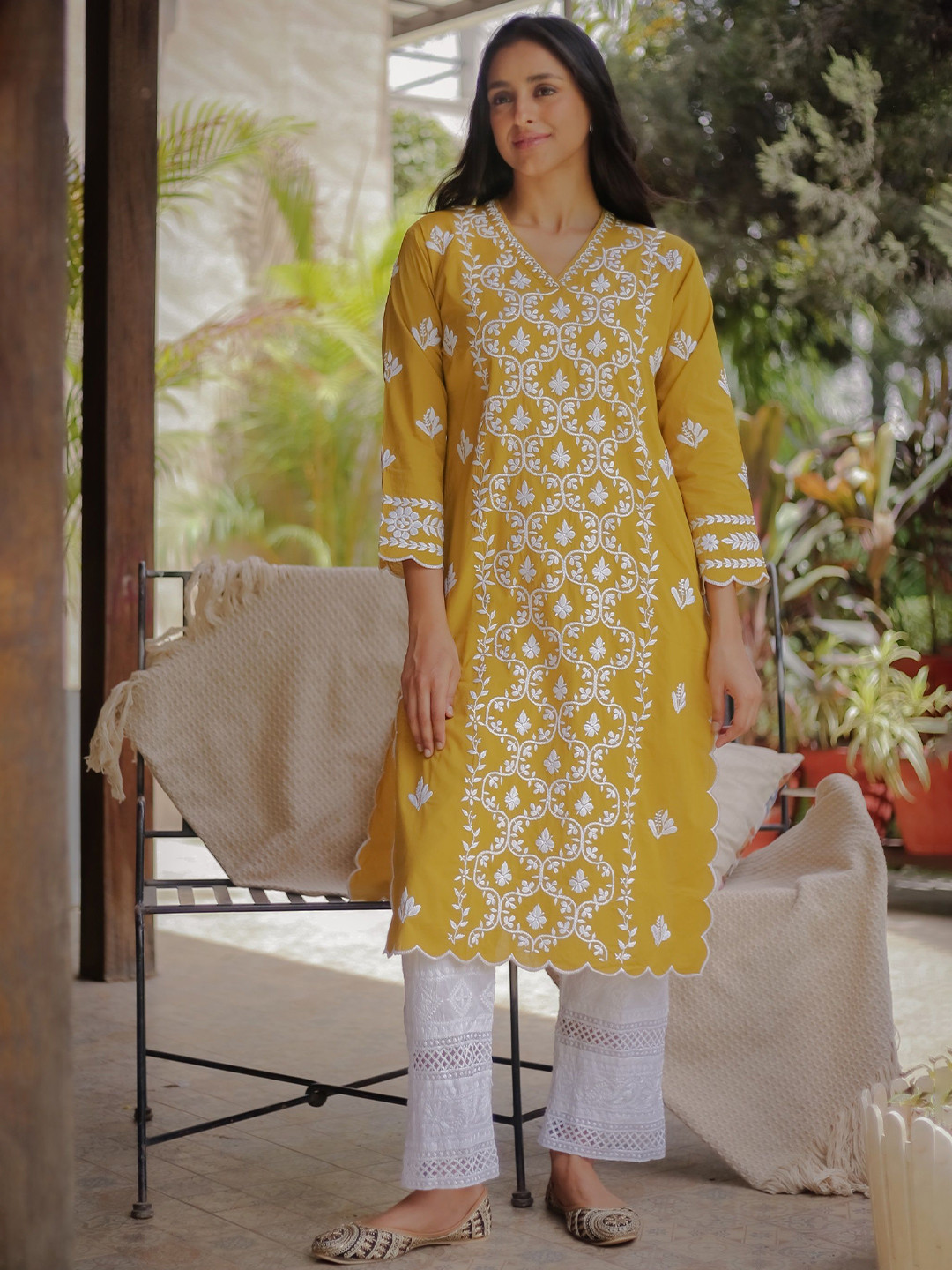 

HOUSE OF KARI Floral Embroidered Chikankari Cotton Straight Kurta, Mustard