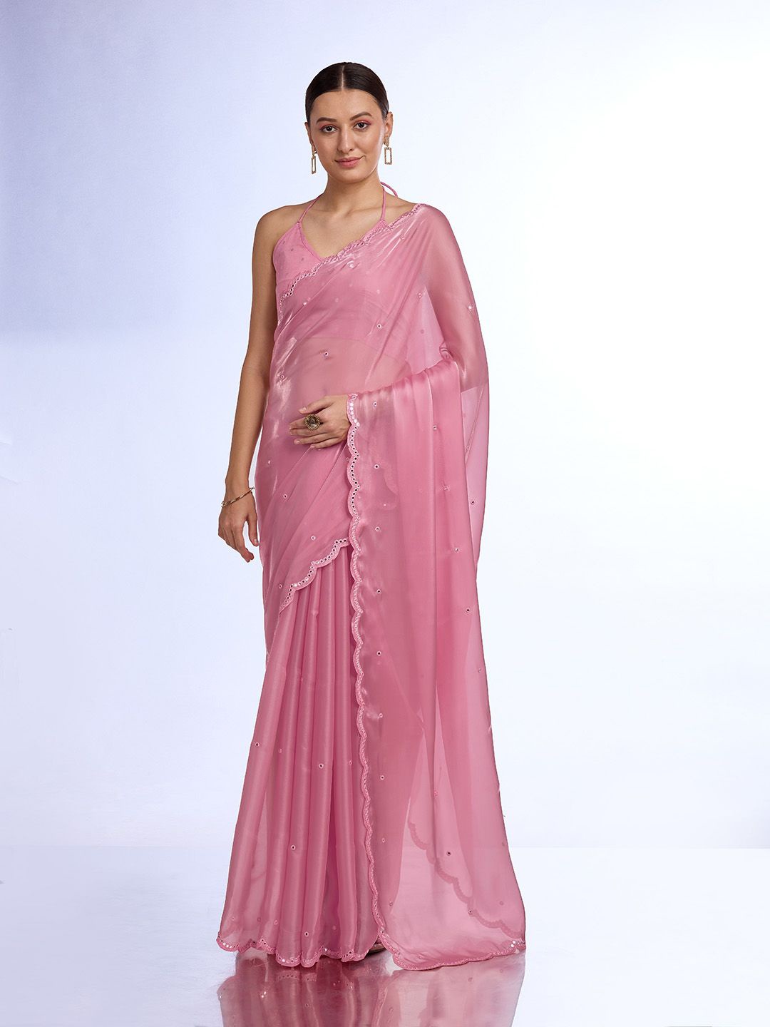 

Ishin Embellished Mirror Work Organza Saree, Pink