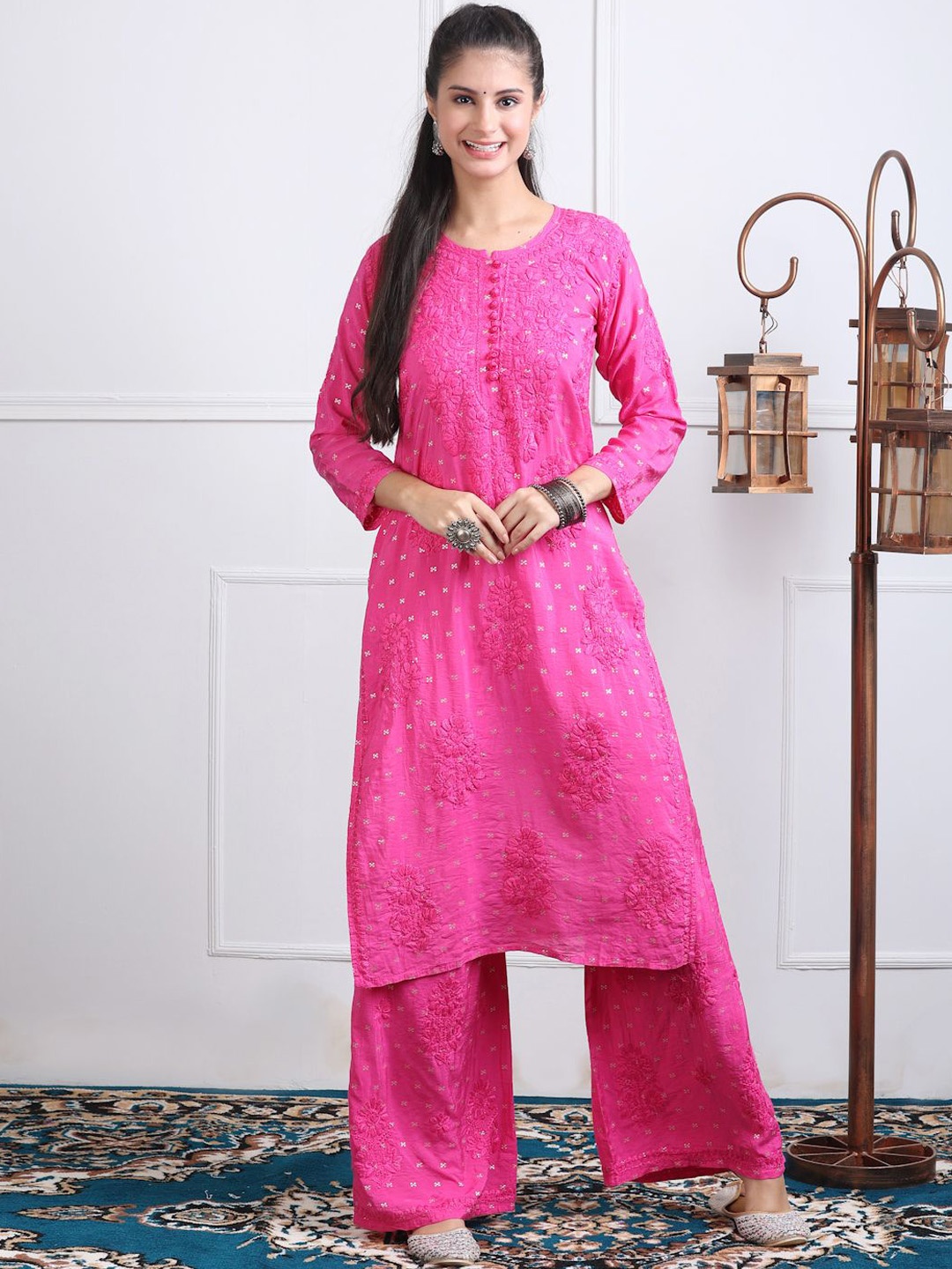 

KHAKA Floral Embroidered Chikankari Chanderi Silk Kurta With Palazzos, Pink