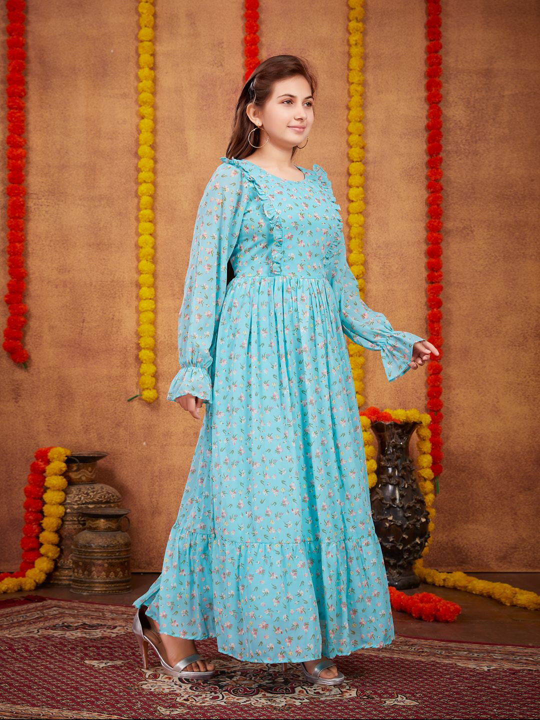 

BAESD Girls Puff Sleeve Floral Maxi Dress, Turquoise blue
