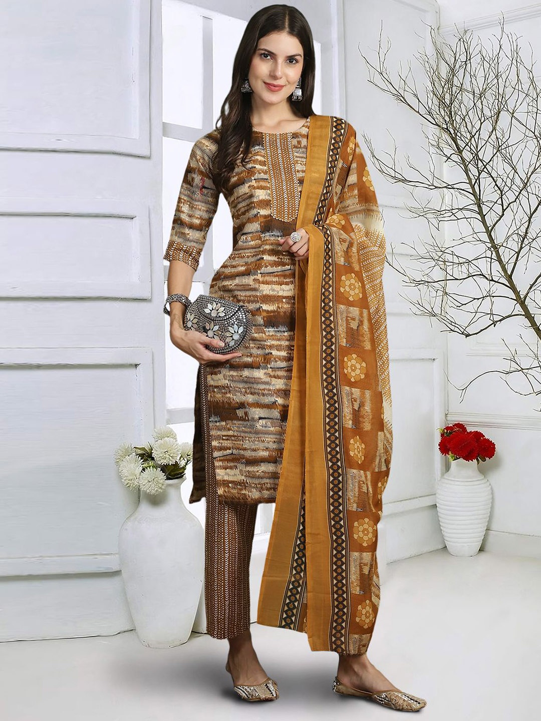 

7Threads Abstract Printed Pure Cotton Straight Kurta with Trousers & Dupatta, Khaki