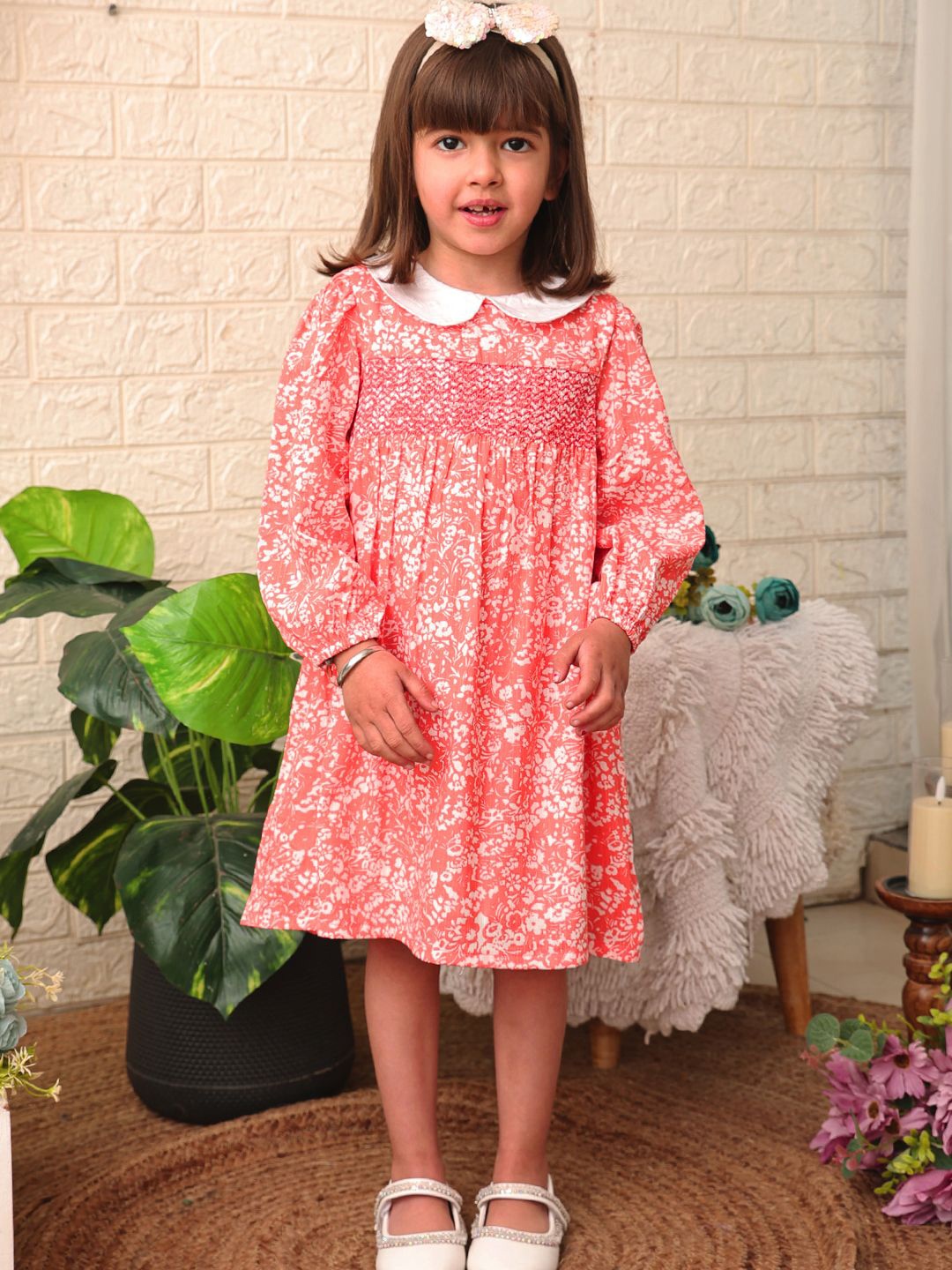 

Nauti Nati Girls Floral Print Peter Pan Collar Puff Sleeve Empire Dress, Coral