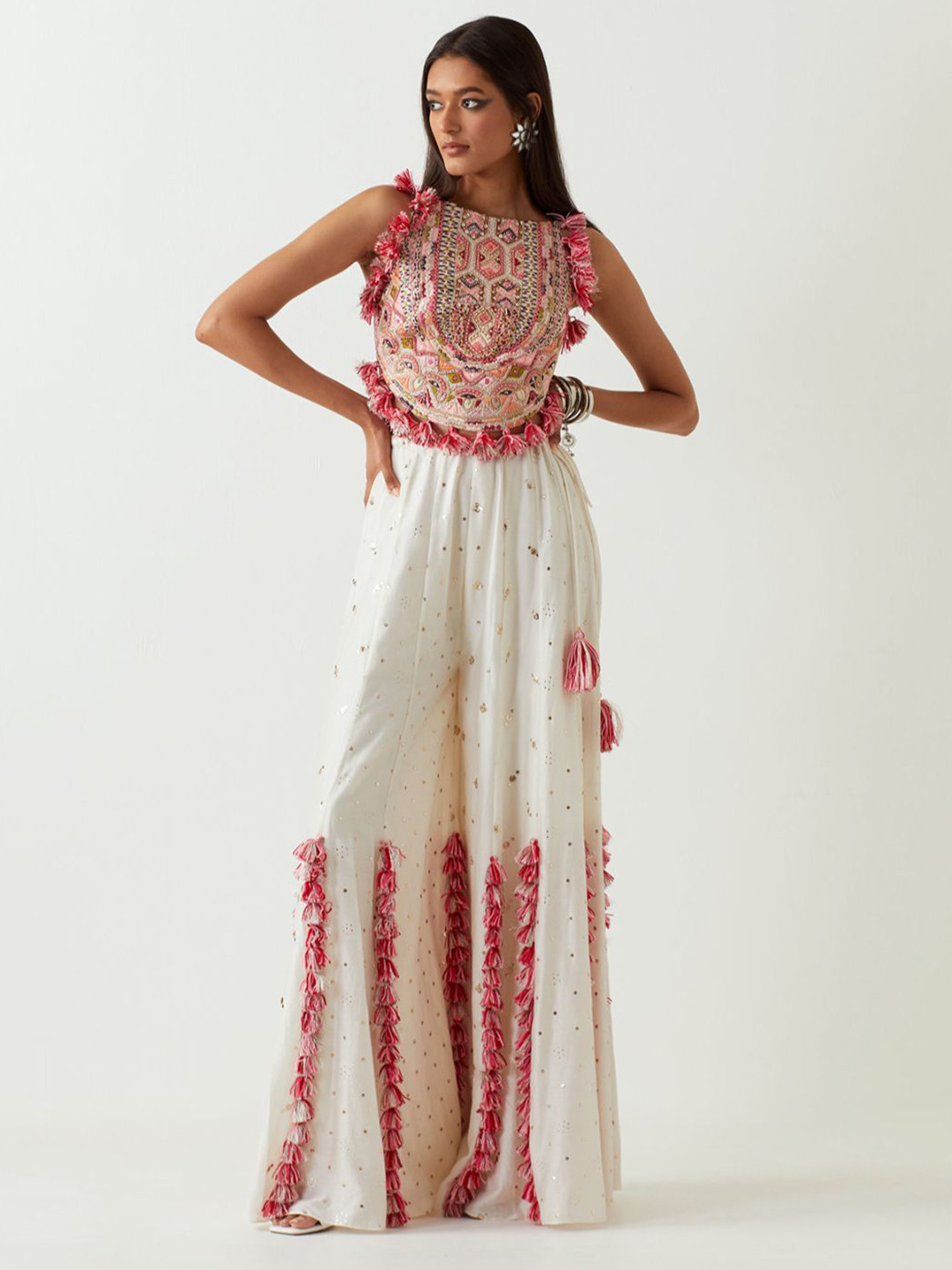 

Payal Singhal Embroidered Top With Palazzo Co-Ords, White