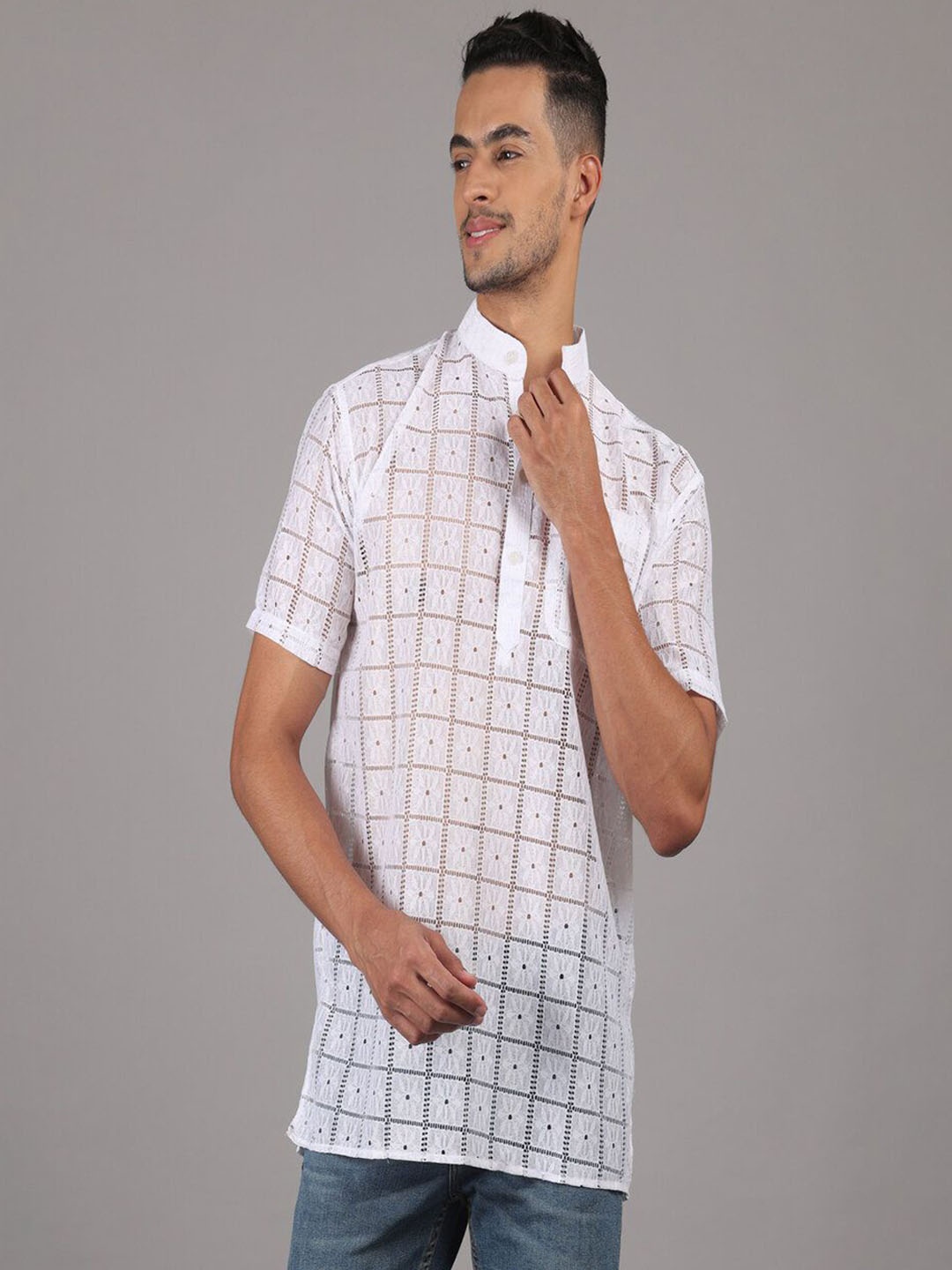 

RIAG Geometric Woven Design Mandarin Collar Net Crochet Straight Short Kurta, White