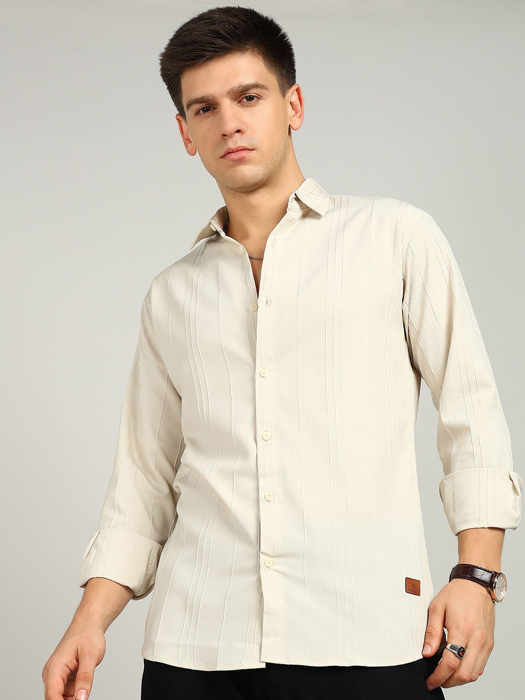 

FUBAR Men Spread Collar Textured Solid Cotton Slim Fit Casual Shirt, Cream