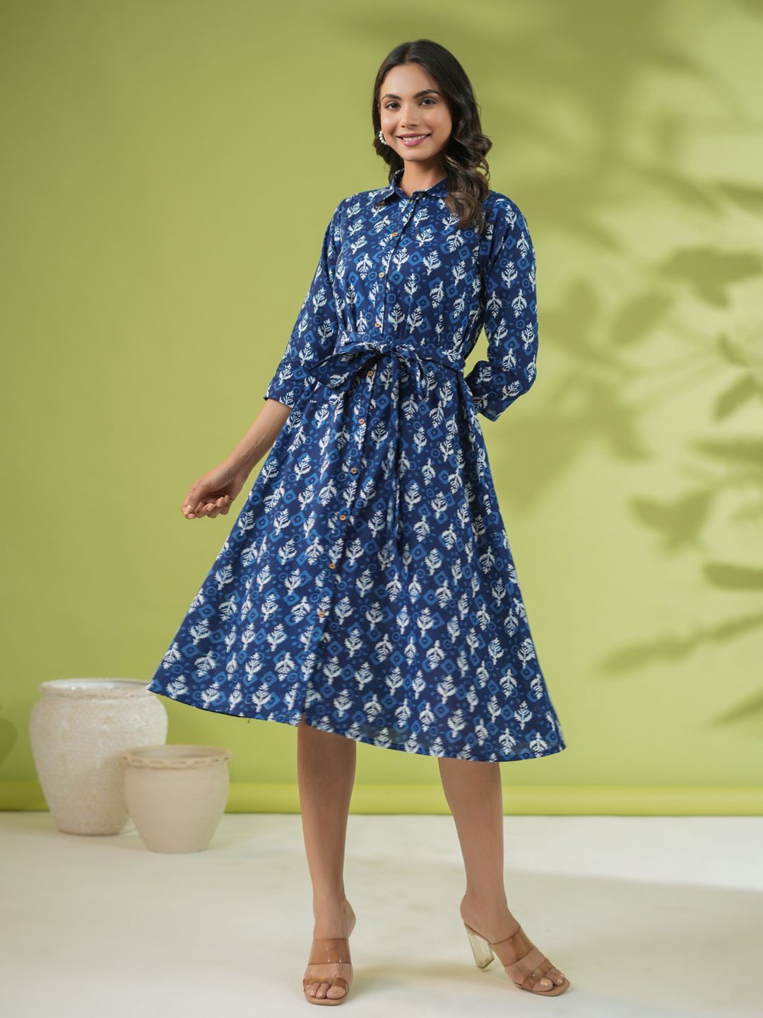 

Janasya Ethnic Motifs Print Shirt Collar A-Line Dress, Navy blue