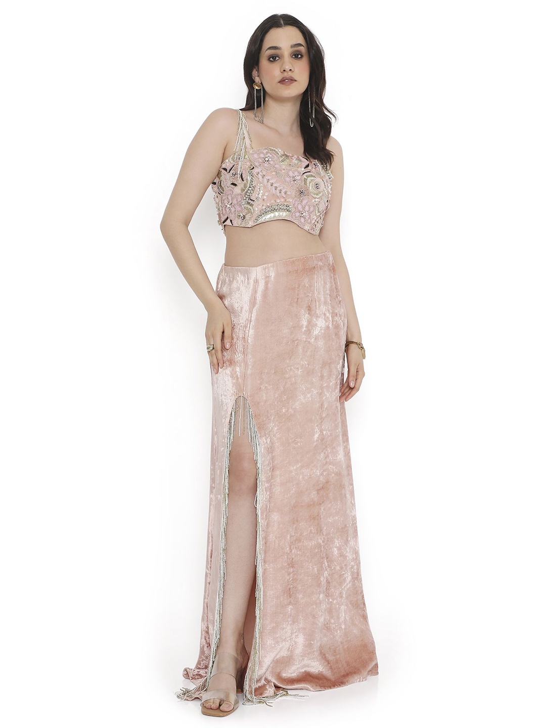 

Payal Singhal Embroidered Round Neck Top With Flared Skirt Co-Ords, Pink