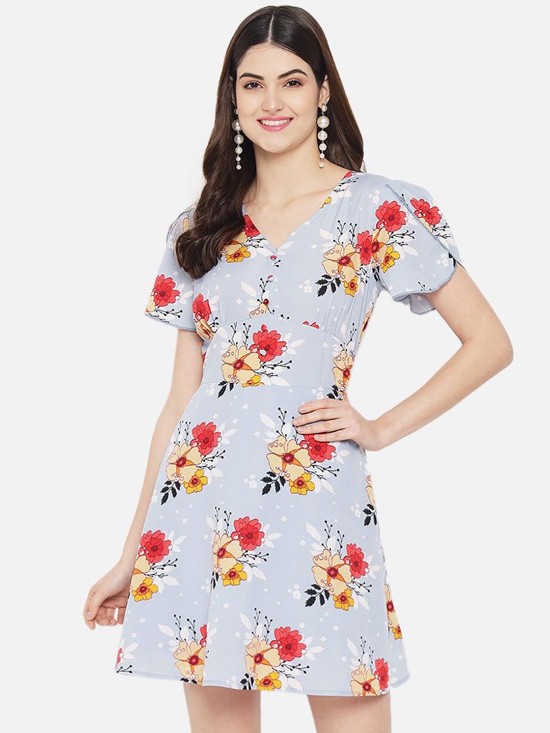 

Yaadleen Women Floral Print V-Neck Flared Sleeve Fit and Flare Mini Dress, Grey