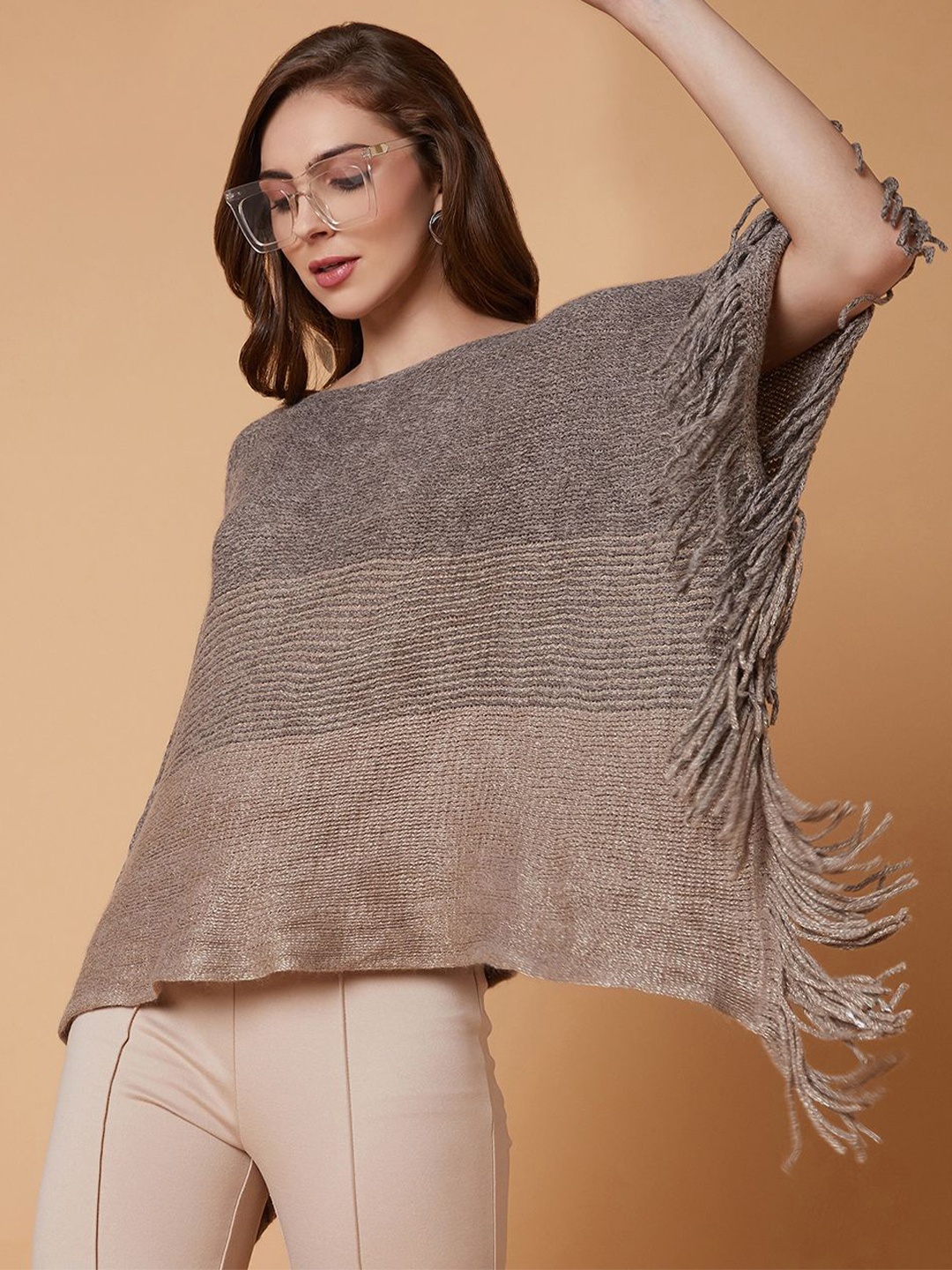 

SHOWOFF Women Striped Poncho with Fringed Detail, Beige