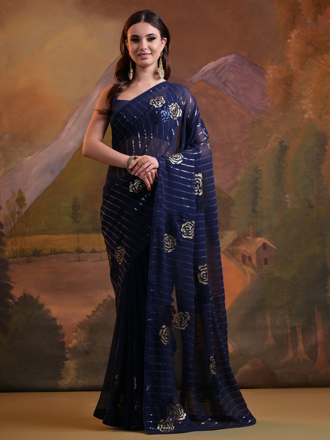 

QVAZOR Ethnic Motifs Sequinned Pure Georgette Heavy Work Saree, Blue