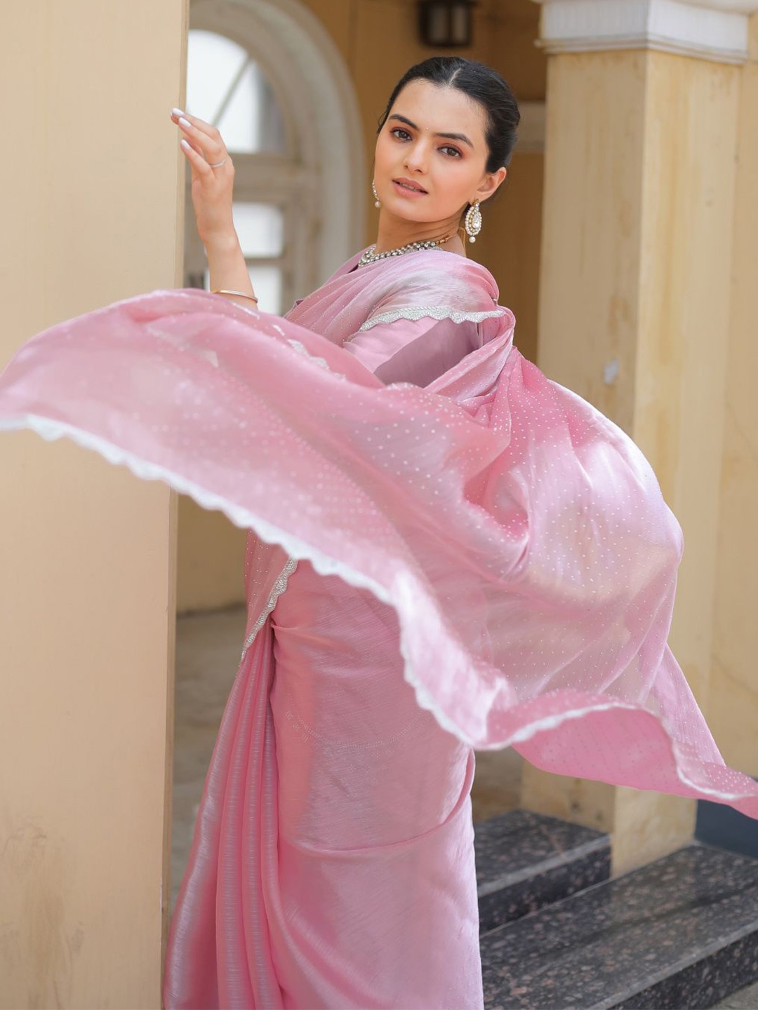 

Mitera Organza Embellished Mukaish Party Saree, Pink
