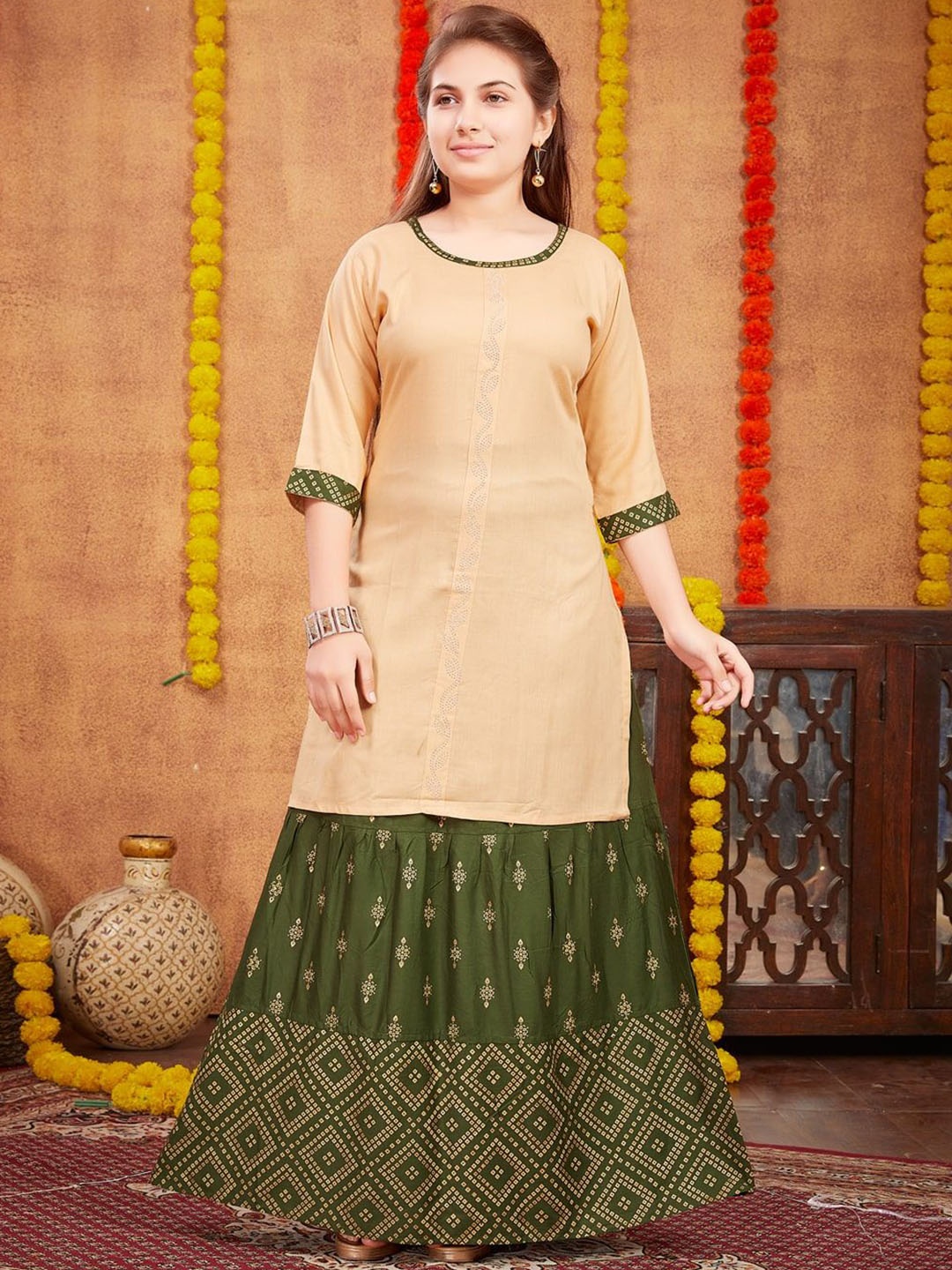 

BAESD Girls Bandhani Printed Round Neck Kurti with Skirt, Beige