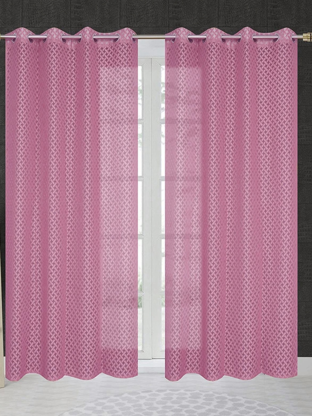 

JARS Collections Pink 2 Pieces Geometric Net Semi Sheer Door Curtains