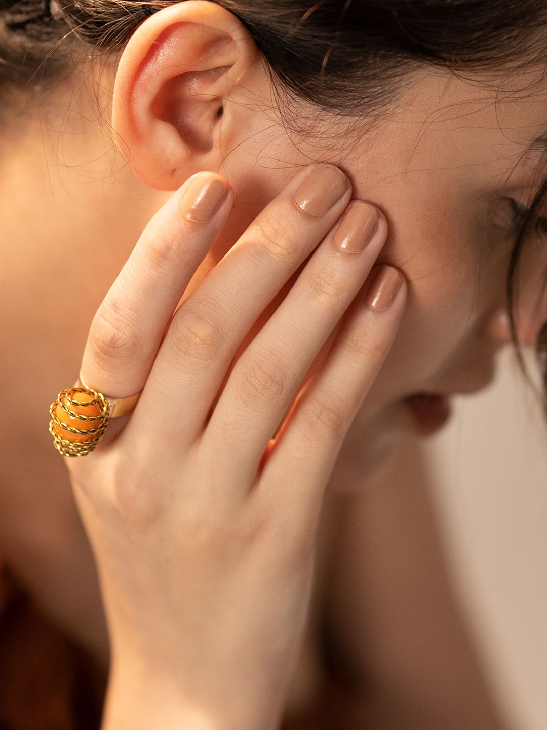 

D'oro Gold Plated Stone-Studded Spiralled Adjustable Finger Ring, Orange