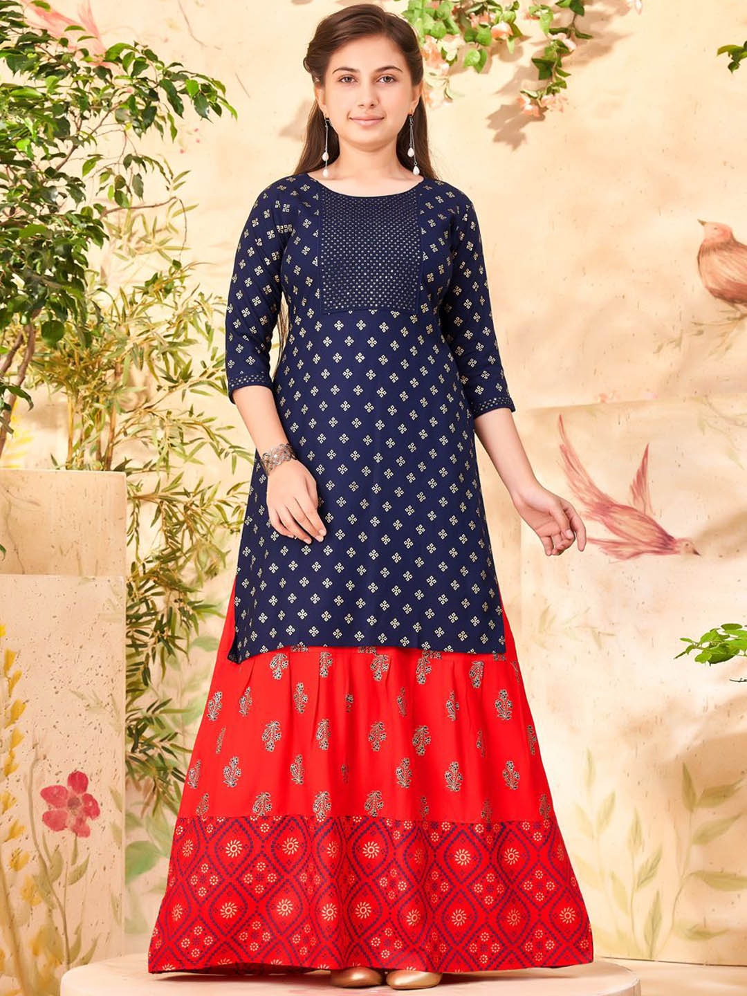 

BAESD Girls Floral Printed Sequinned Cotton A-Line Kurta, Navy blue