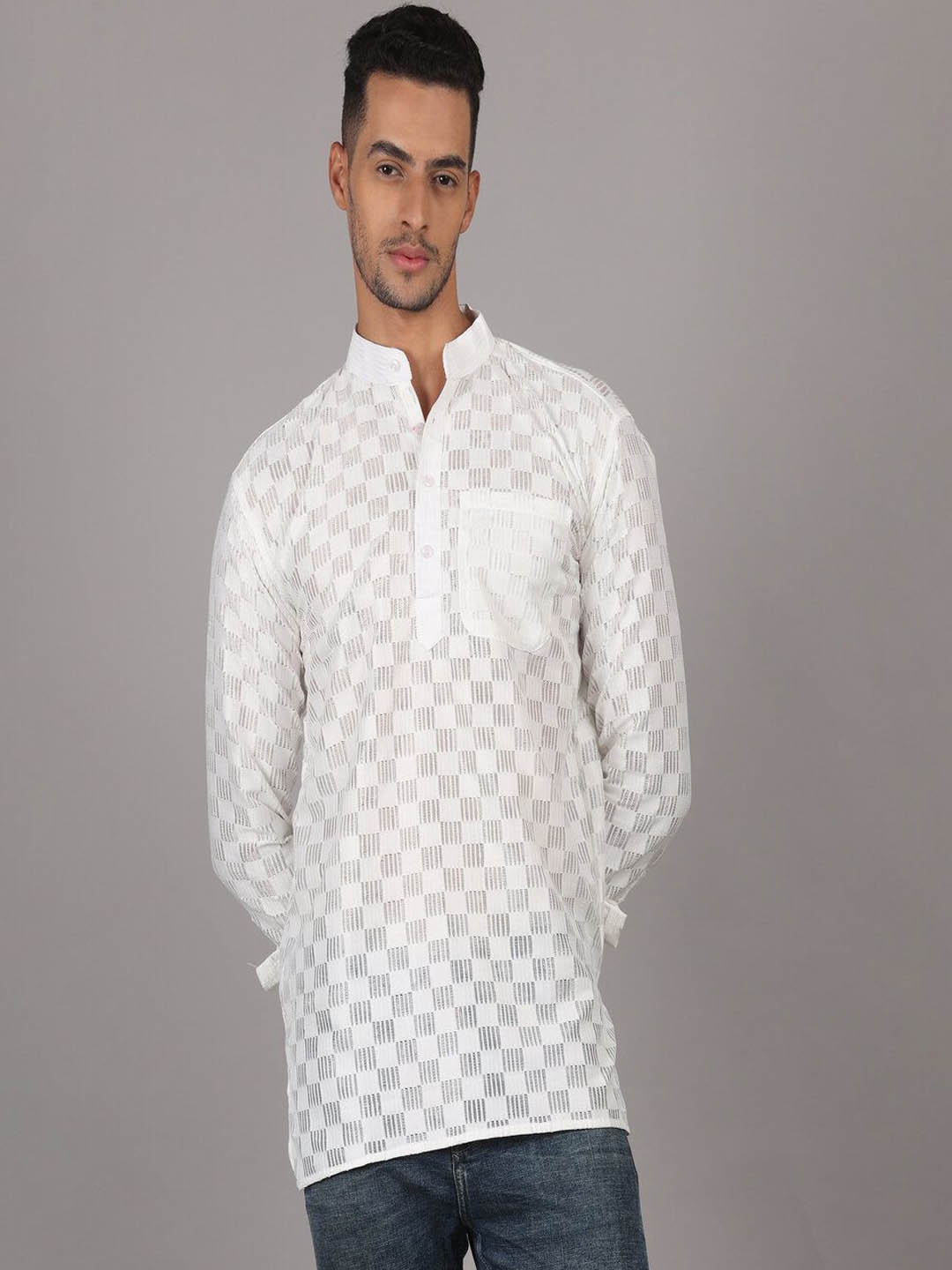 

RIAG Geometric Woven Design Mandarin Collar Sheers Short Straight Kurta, White