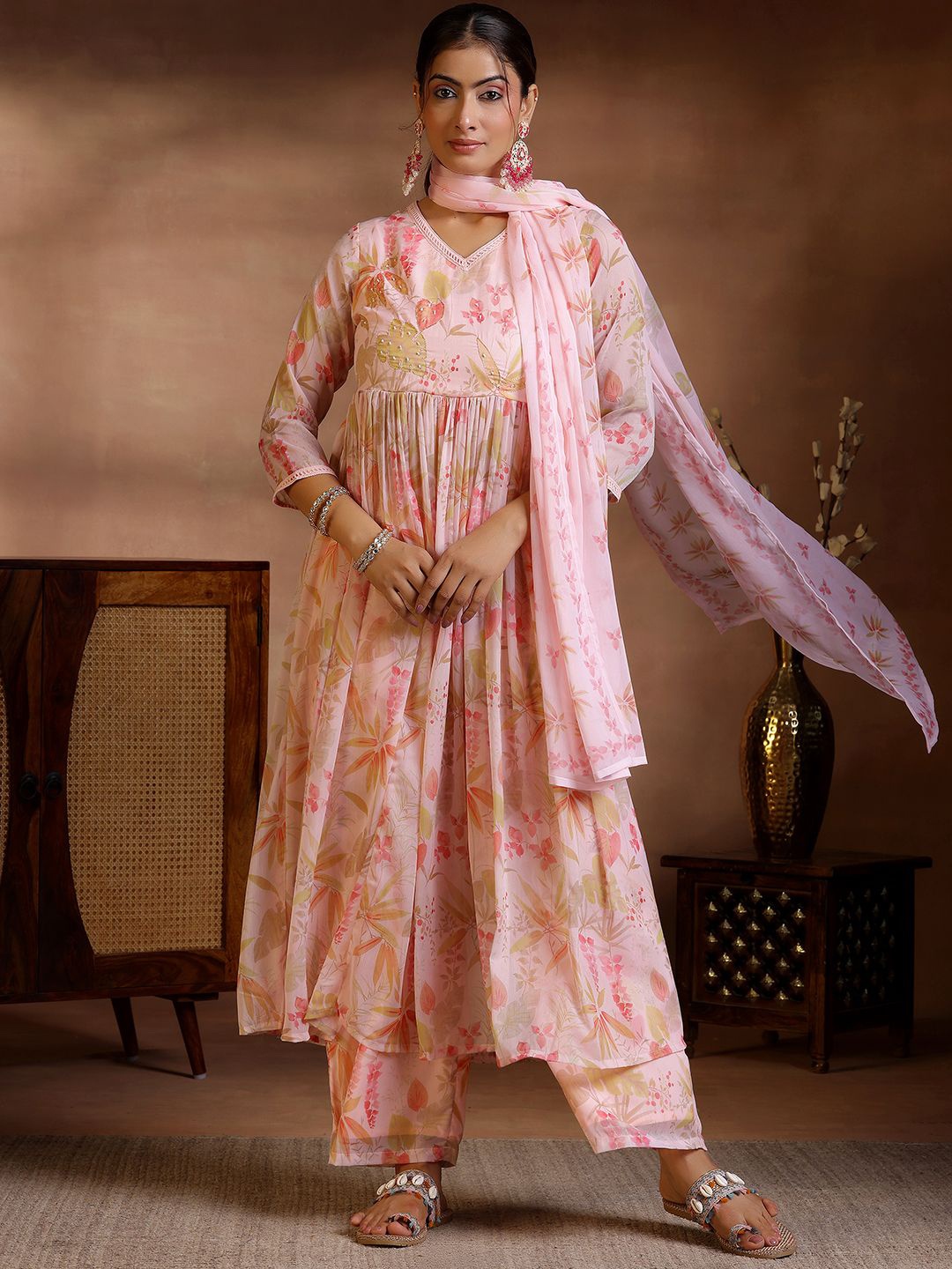 

Libas Floral Printed V-Neck Pleated Beads & Stones Anarkali Kurta With Palazzos & Dupatta, Pink
